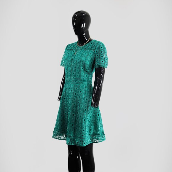 Teal Eyelet Lace Dress Warehouse Chic Day-to-Night Elegance - Picture 2 of 6
